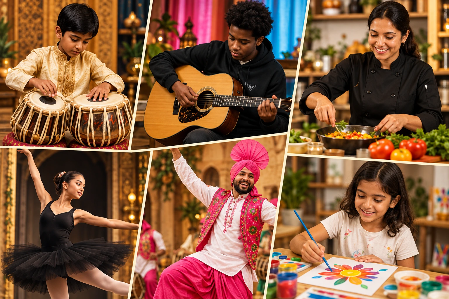 A child playing tabla, a guitar student, a chef, a ballet dancer, a Bhangra dancer, and a child painting